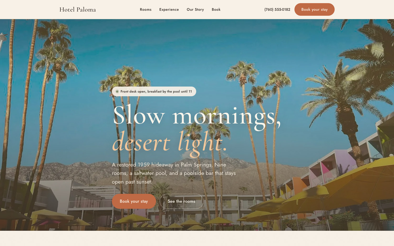 A modern rebuilt website for Hotel Paloma, a restored 1959 hideaway in Palm Springs, with a full-bleed poolside hero and a clear book-your-stay call to action.
